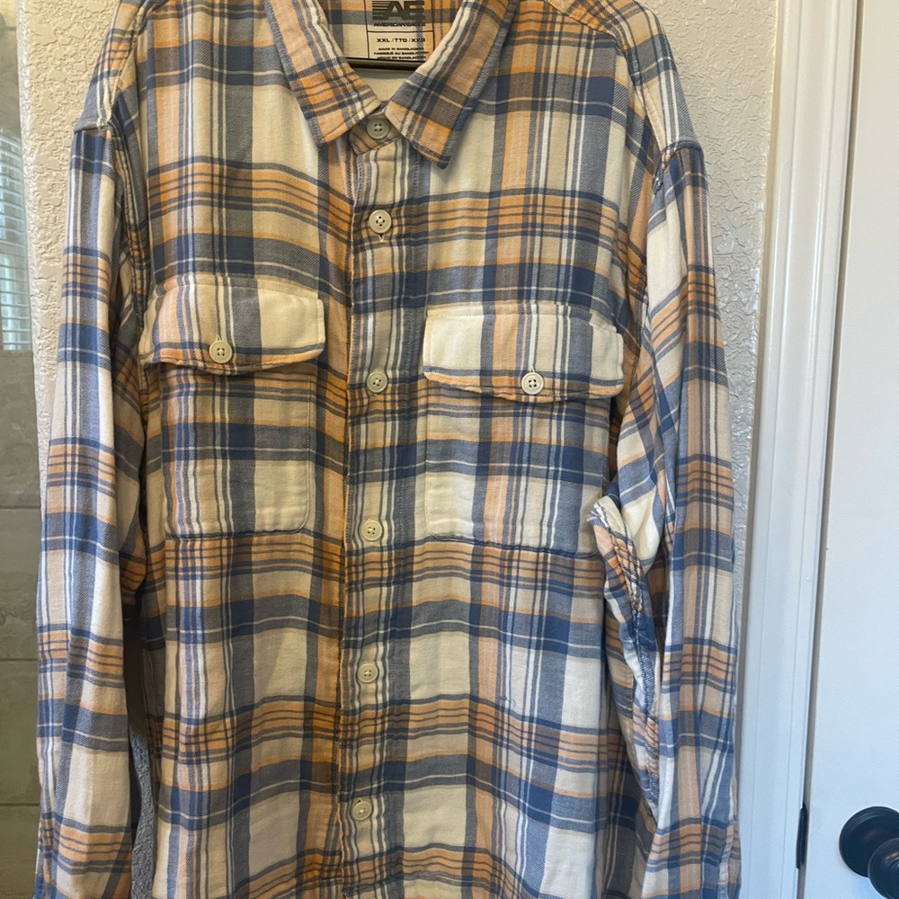 American Eagle Outfitters Blue and Tan Plaid Shirt